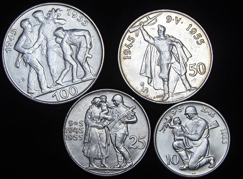 Набор из 4-х серебряных монет 1955 "10 лет освобождению от Фашистской оккупации" (Чехословакия)