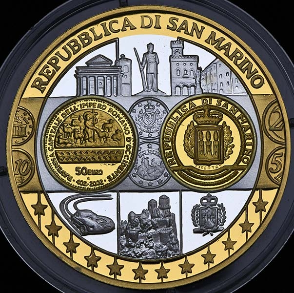 Медаль "Первые памятные монеты Евросоюза: Сан-Марино 50 евро" 2002