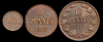 Набор из 3-х медных монет 1917 года (Финляндия)