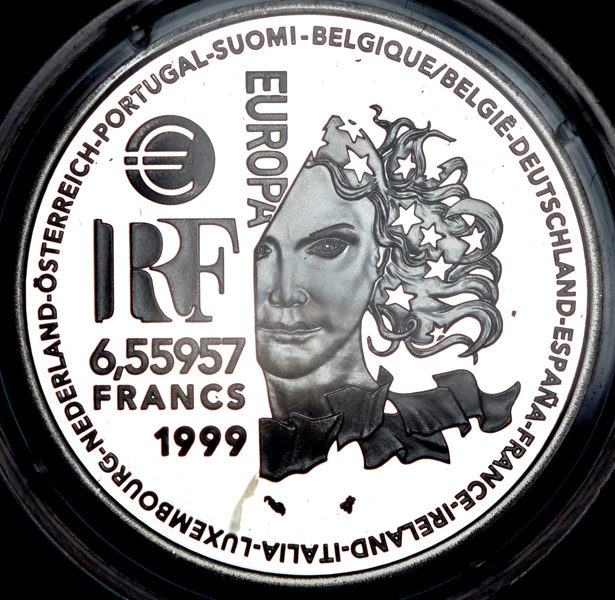 1 евро = 6 55957 франков 1999 (Франция)