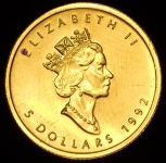 5 долларов 1992 "Кленовый лист" (Канада)