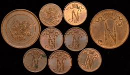 Набор из 9-ти медных монет Николай II (Финляндия)