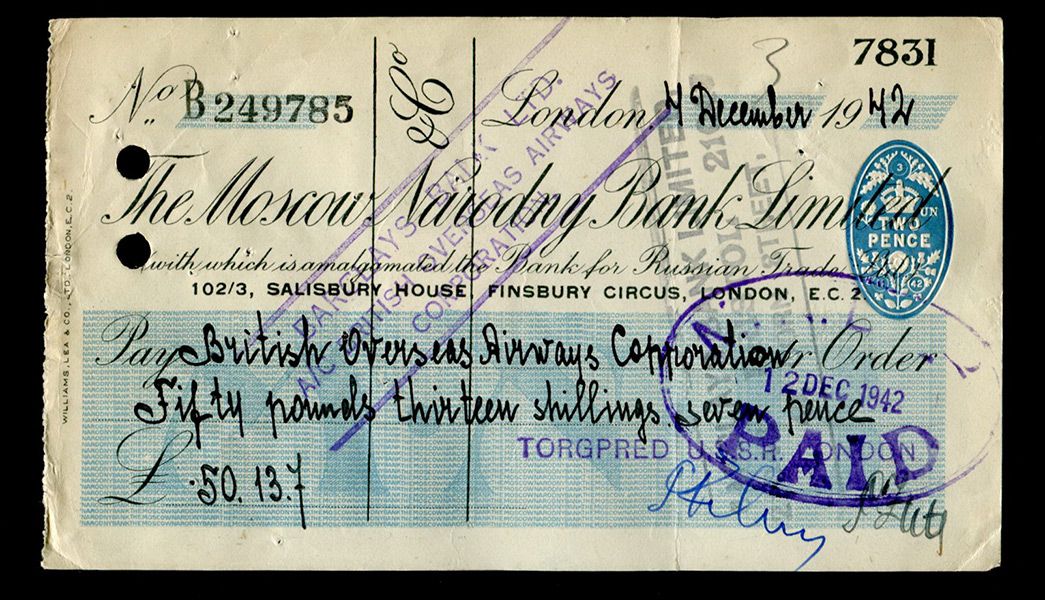 Чек Московского народного банка в Лондоне 1942