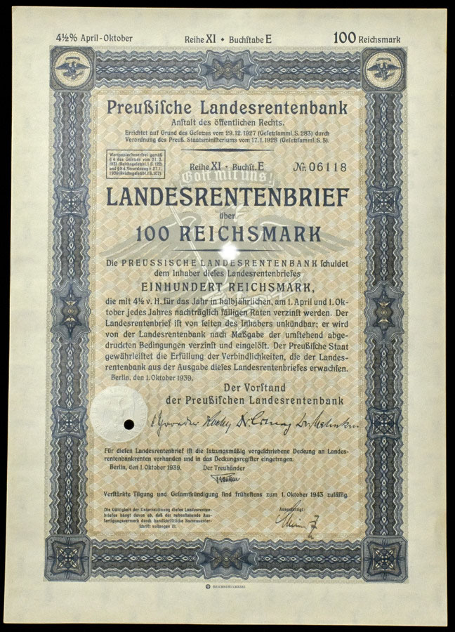 Облигация 100 марок 1939 "Landesrentenbrief" (Германия)