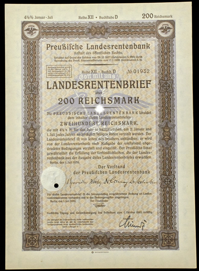 Облигация 200 марок 1939 "Landesrentenbrief" (Германия)