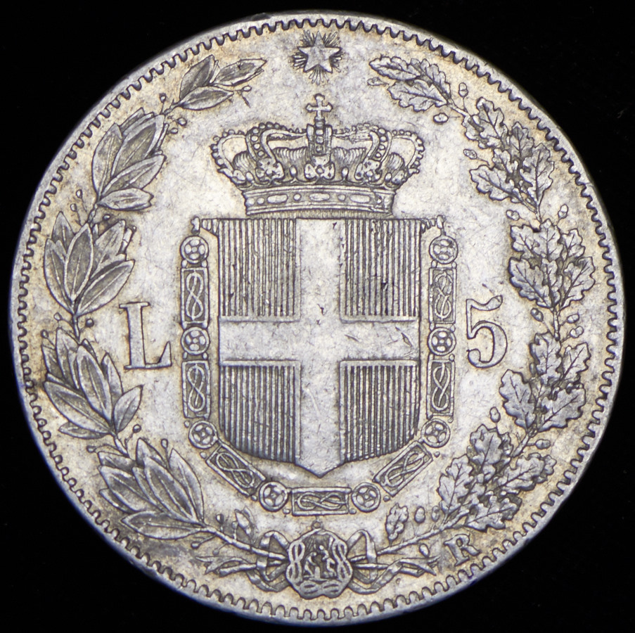 1879 лир. 5 Лир Савойский орёл. 5 Лир Сардиния 1883 год.
